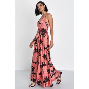 Tea Gardens Rusty Rose Floral‎ Print Satin Maxi Dress Size Medium Missing Sash